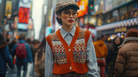 a young woman embodying the eclectic grandpa style, as she walks confidently through a bustling cityscape. She sports a playful mix of grandpa-inspired attire: a chunky, patterned sweater vest layered over a crisp, collared shirt, paired with high-waisted trousers and polished loafers.の素材