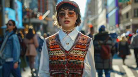 a young woman embodying the eclectic grandpa style, as she walks confidently through a bustling cityscape. She sports a playful mix of grandpa-inspired attire: a chunky, patterned sweater vest layered over a crisp, collared shirt, paired with high-waisted trousers and polished loafers.の素材