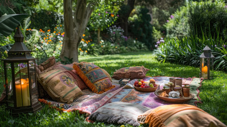 A whimsical outdoor picnic setup in a lush garden, centered around a brightly colored patchwork blanket spread on the grass, adorned with a spread of summer treats, books, and vintage lanterns.の素材