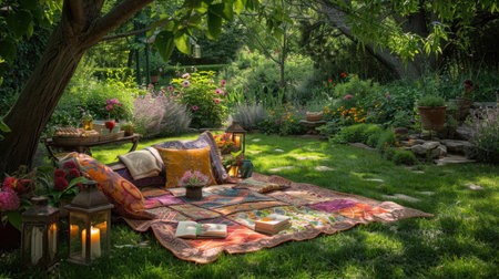 A whimsical outdoor picnic setup in a lush garden, centered around a brightly colored patchwork blanket spread on the grass, adorned with a spread of summer treats, books, and vintage lanterns.の素材