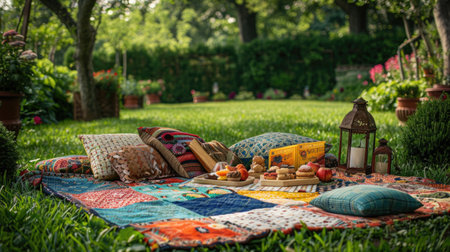 A whimsical outdoor picnic setup in a lush garden, centered around a brightly colored patchwork blanket spread on the grass, adorned with a spread of summer treats, books, and vintage lanterns.の素材