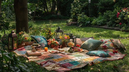 A whimsical outdoor picnic setup in a lush garden, centered around a brightly colored patchwork blanket spread on the grass, adorned with a spread of summer treats, books, and vintage lanterns.の素材