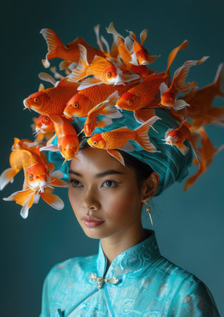 Studio fashion photography portrait of an exotic beautiful woman with a lifelike vibrant koi fish swimming around her head as a surreal headpiece.の素材