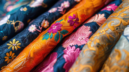 National Textile Day. Stack of vintage fabrics with floral printの素材