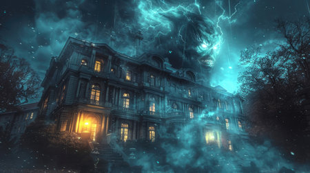 National Paranormal Day. A haunted house in a foggy hazeの素材