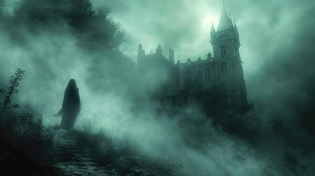 National Paranormal Day. A haunted house in a foggy hazeの素材