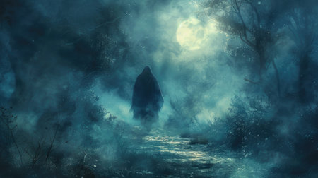 National Paranormal Day. A haunted house in a foggy hazeの素材
