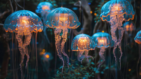 Lamps in the shape of fancy jellyfish. Interior design in jellyfishcore aesthetic style.の素材