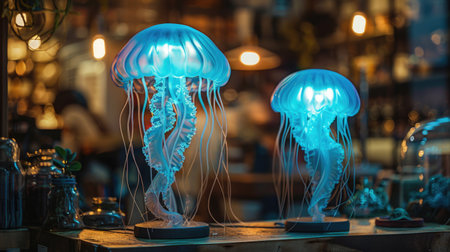 Lamps in the shape of fancy jellyfish. Interior design in jellyfishcore aesthetic style.の素材