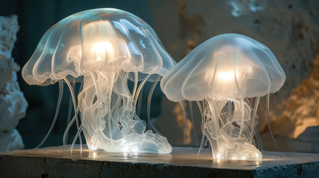 Lamps in the shape of fancy jellyfish. Interior design in jellyfishcore aesthetic style.の素材