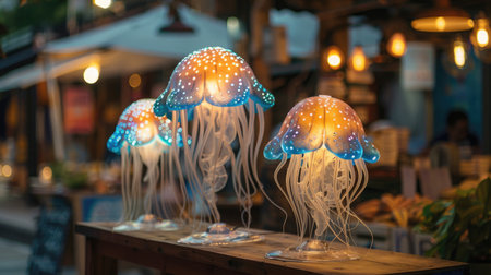 Lamps in the shape of fancy jellyfish. Interior design in jellyfishcore aesthetic style.の素材