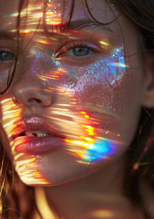 Portrait of Woman with Specular Reflection. Reflective elements on the model's face create a play of light and reflection. Rainbow refraction of lightの素材