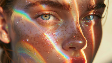 Portrait of Woman with Specular Reflection. Reflective elements on the model's face create a play of light and reflection. Rainbow refraction of lightの素材