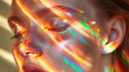Portrait of Woman with Specular Reflection. Reflective elements on the model's face create a play of light and reflection. Rainbow refraction of lightの素材