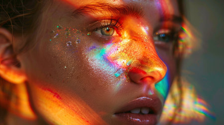 Portrait of Woman with Specular Reflection. Reflective elements on the model's face create a play of light and reflection. Rainbow refraction of lightの素材