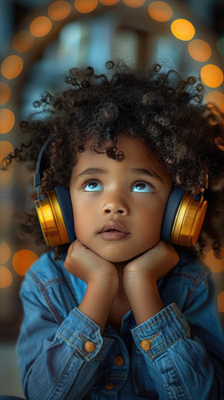 Cute African child with curly black hair listens to an audio fairy tale in golden headphones. The child looks up with wonder and imagination..の素材