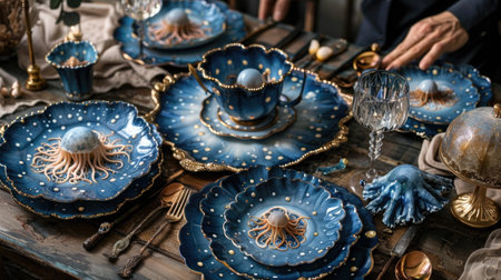 Creative Table Setting with Jellyfish-Inspired Dinnerware. Ceramic Set tableware with jellyfishの素材