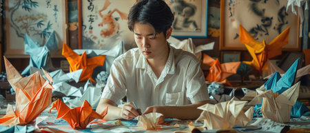 An artist folding intricate origami figures from colorful paper in a serene setting, showcasing a variety of animals and geometric shapes, with traditional Asian motifs and fabrics.の素材