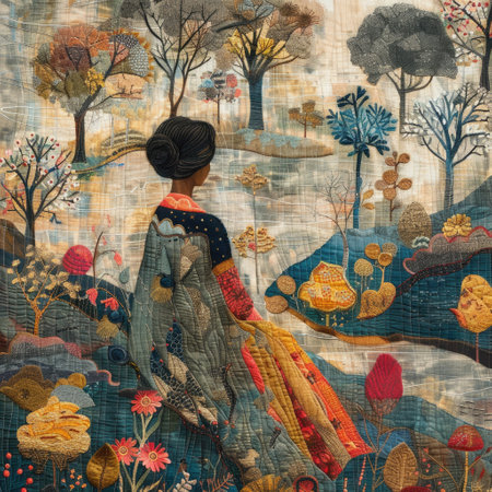 Amazing fabric paintings made using the patchwork technique. National Textile Dayの素材