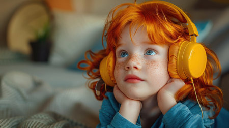 Cute child with curly red hair listens to an audio fairy tale in golden headphones. The child looks up with wonder and imagination..の素材
