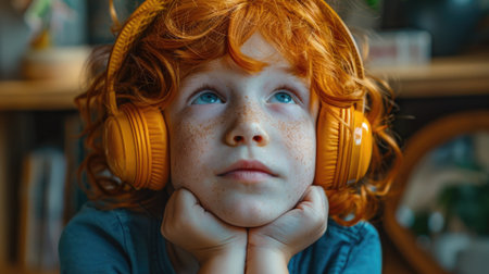 Cute child with curly red hair listens to an audio fairy tale in golden headphones. The child looks up with wonder and imagination..の素材