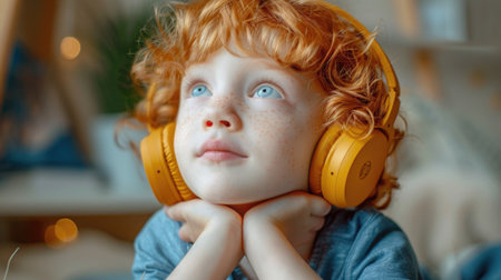 Cute child with curly red hair listens to an audio fairy tale in golden headphones. The child looks up with wonder and imagination..の素材