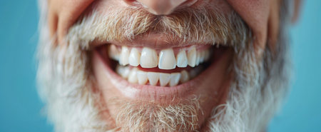Cropped smile of an elderly man with a gray beard and natural teeth on a blue background with copy spaceの素材