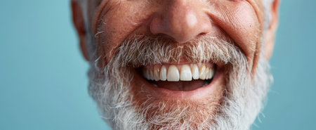 Cropped smile of an elderly man with a gray beard and natural teeth on a blue background with copy spaceの素材