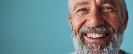 Cropped smile of an elderly man with a gray beard and natural teeth on a blue background with copy spaceの素材