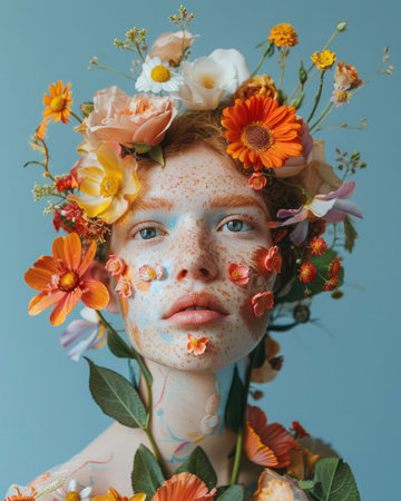 Creative portrait of a girl. Flowers are painted on her face and body in the style of Flemish painting. On a plain blue backgroundの素材