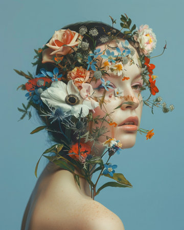 Creative portrait of a girl. Flowers are painted on her face and body in the style of Flemish painting. On a plain blue backgroundの素材