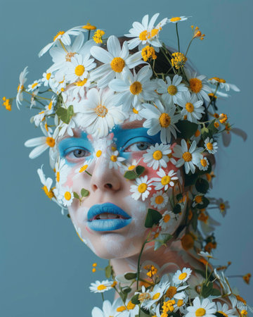 Creative portrait of a girl. Flowers are painted on her face and body in the style of Flemish painting. On a plain blue backgroundの素材