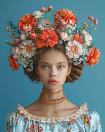 Creative portrait of a girl. Flowers are painted on her face and body in the style of Flemish painting. On a plain blue backgroundの素材