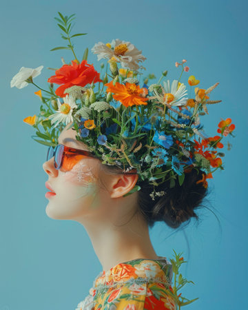 Creative portrait of a girl. Flowers are painted on her face and body in the style of Flemish painting. On a plain blue backgroundの素材