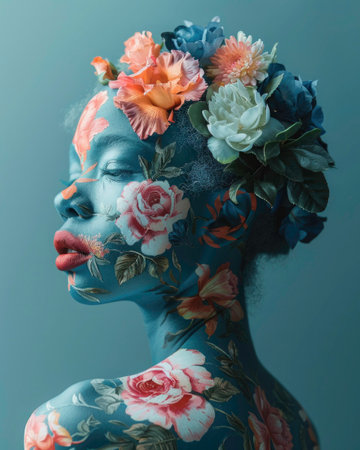 Creative portrait of a girl. Flowers are painted on her face and body in the style of Flemish painting. On a plain blue backgroundの素材