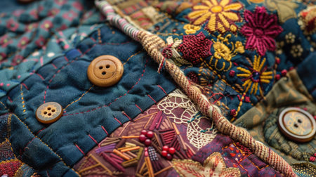 A close-up of a patchwork quilt, showcasing the intricate stitching and diverse fabric patterns, with details like buttons, lace, and embroidery adding texture and depthの素材