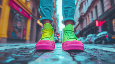 A close-up of a person standing on a vibrant, urban street, wearing two distinctly different colored shoes, one neon green and the other bright pink, showcasing their bold and unique fashion choice.の素材