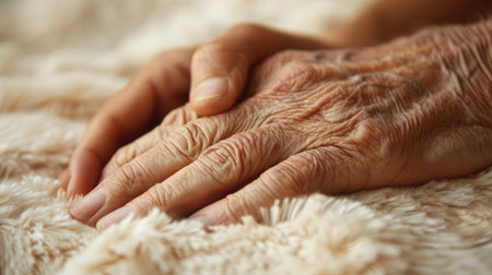 A close-up of a supportive hand holding onto an elderly hand showing signs of arthritis, with a focus on a comforting gesture, set against a soft, compassionate background.の素材