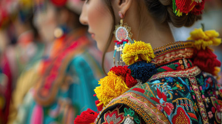 A close-up of a traditional May Day outfit, focusing on the intricate fabric patterns and accessories, capturing the cultural significance and attention to detail in the celebration's attire.の素材