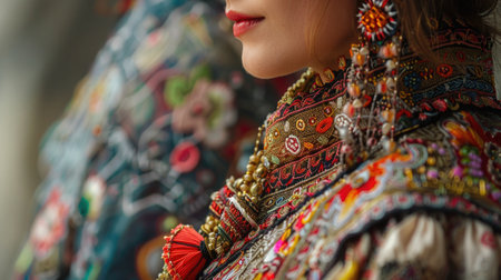 A close-up of a traditional May Day outfit, focusing on the intricate fabric patterns and accessories, capturing the cultural significance and attention to detail in the celebration's attire.の素材