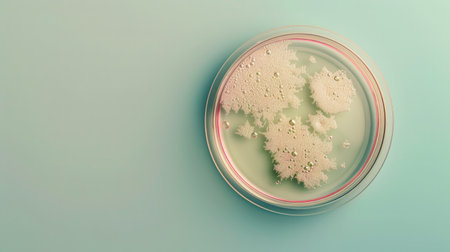 Abstract laboratory concept with Petri dishes containing glowing bacterial colonies with a pastel iridescent effect, minimalist design .の素材