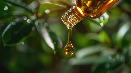 Close-up of natural skincare oils with dropper, focus on the oil drop.の素材