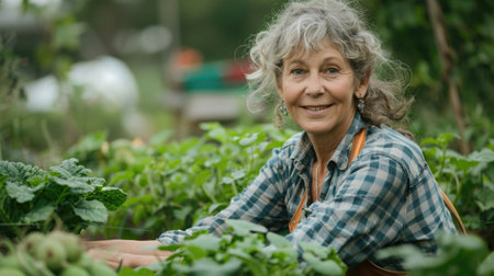 Middle-aged woman participating in a community garden project, highlighting the therapeutic aspects of gardening and social interaction.の素材