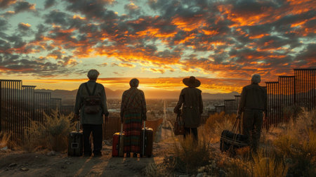 A group of senior Mexicans with suitcases and bags at the US-Mexico border, looking towards the horizon beyond the border wall, symbolizing the beginning of their journey to a new life, as the sunset paints the sky in warm colorsの素材
