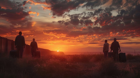A group of senior Mexicans with suitcases and bags at the US-Mexico border, looking towards the horizon beyond the border wall, symbolizing the beginning of their journey to a new life, as the sunset paints the sky in warm colorsの素材