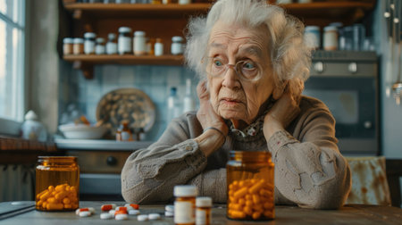 Senior person sitting at a table with medication in front of them, looking at the pills with confusion and hesitation.の素材