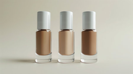 Frontal view of nail polish bottles standing on a pure white background, each filled with a different shade of beigeの素材