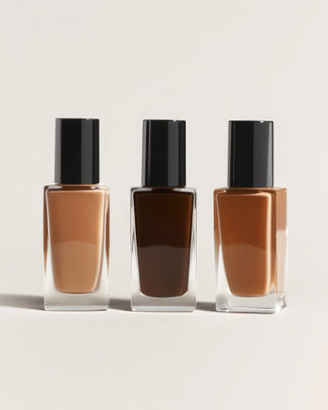 Frontal view of nail polish bottles standing on a pure white background, each filled with a different shade of beigeの素材