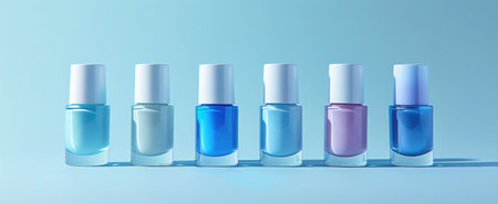 Frontal view of nail polish bottles arranged in a gradient from light pastel blue to dark pastel blue, showcasing a monochromatic spectrum of the color for summer look.の素材