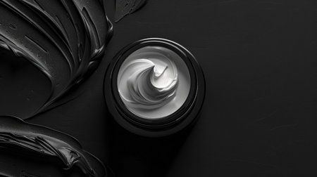 product photography, a white anti-aging cream in a matte-black jar.の素材